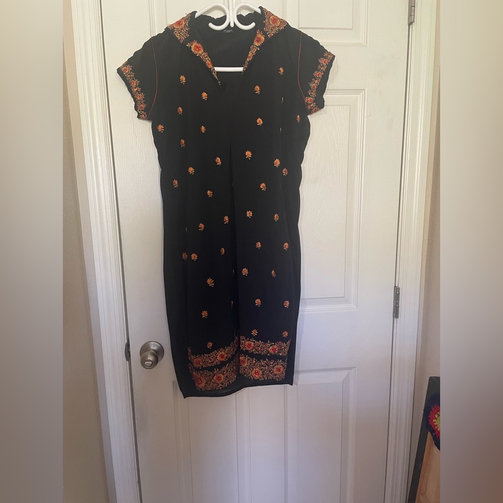 Black Scarf or Dupatta with Bright Orange Shawl and Floral Embroidery